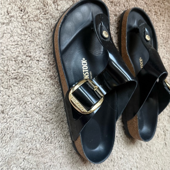 Birkenstock Glossy Black Sandals with Gold Accents- worn 4 times - Picture 2 of 2